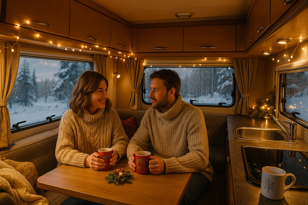 A couple in a motorhome on a Christmas festive trip